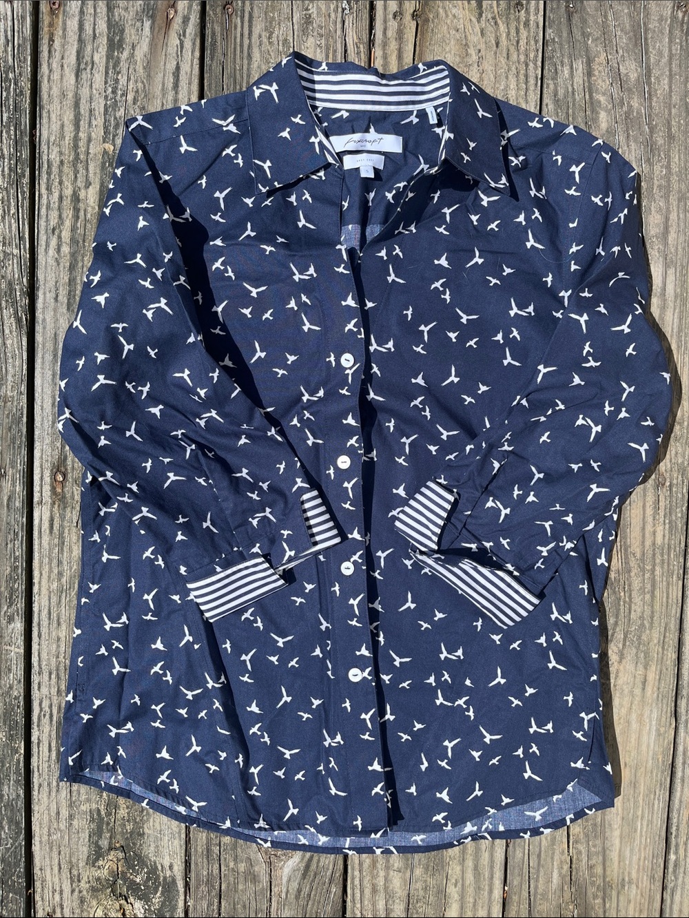 Foxcroft Navy and White Bird Print Button Down